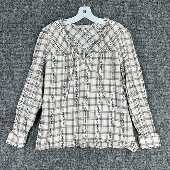 LOFT‎ Shirt Womens Large Black Ruffle Tie Neck Southwestern Aztec Western Chore - Picture 1 of 8